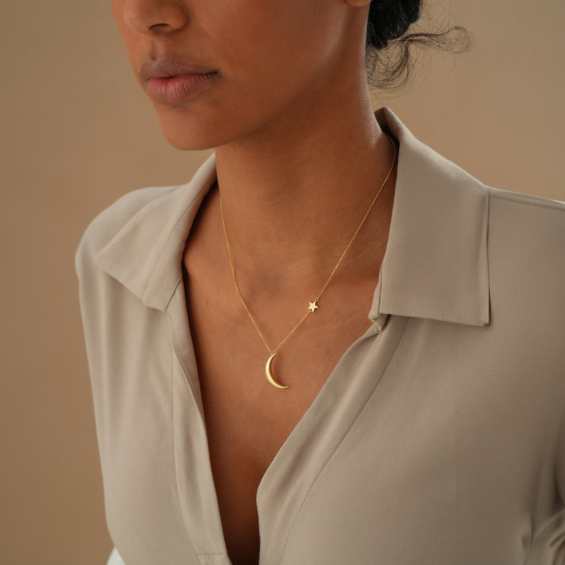 Crescent Moon Necklace, Gold Half Moon with Star Necklace, Gold Statement Gift, Dainty Gold Moon Charms, Gift For Her, Dainty Luna Necklace