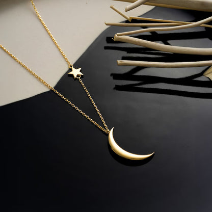 Crescent Moon Necklace, Gold Half Moon with Star Necklace, Gold Statement Gift, Dainty Gold Moon Charms, Gift For Her, Dainty Luna Necklace