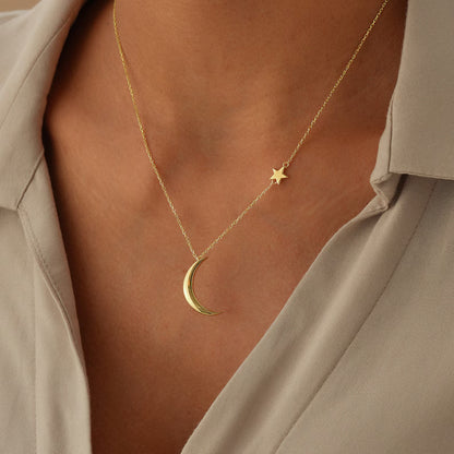 Crescent Moon Necklace, Gold Half Moon with Star Necklace, Gold Statement Gift, Dainty Gold Moon Charms, Gift For Her, Dainty Luna Necklace
