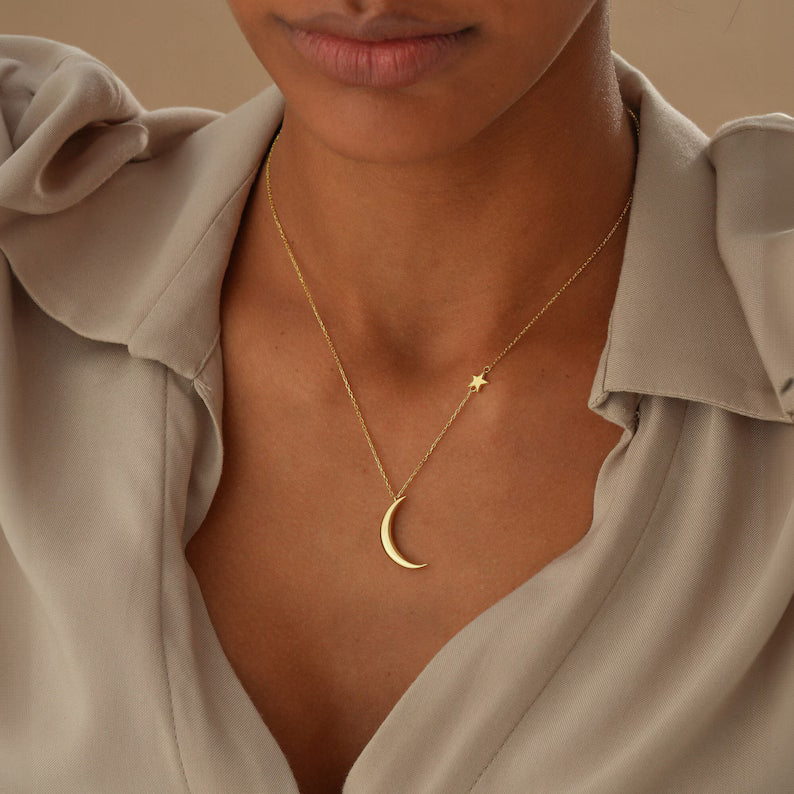 Crescent Moon Necklace, Gold Half Moon with Star Necklace, Gold Statement Gift, Dainty Gold Moon Charms, Gift For Her, Dainty Luna Necklace
