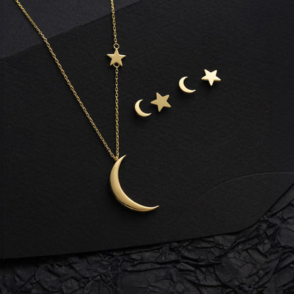 Crescent Moon Necklace, Gold Half Moon with Star Necklace, Gold Statement Gift, Dainty Gold Moon Charms, Gift For Her, Dainty Luna Necklace
