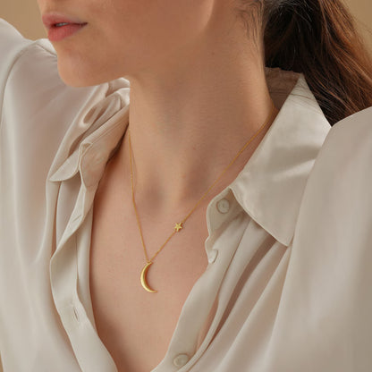 Crescent Moon Necklace, Gold Half Moon with Star Necklace, Gold Statement Gift, Dainty Gold Moon Charms, Gift For Her, Dainty Luna Necklace