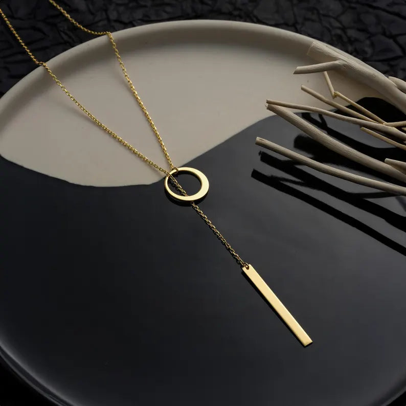 Circle and Bar Lariat Necklace in Gold, Dainty Y Necklace for Women, Modern Drop Bar Pendant, Chic Jewelry Gift for Her, Elegant Lariat Gift