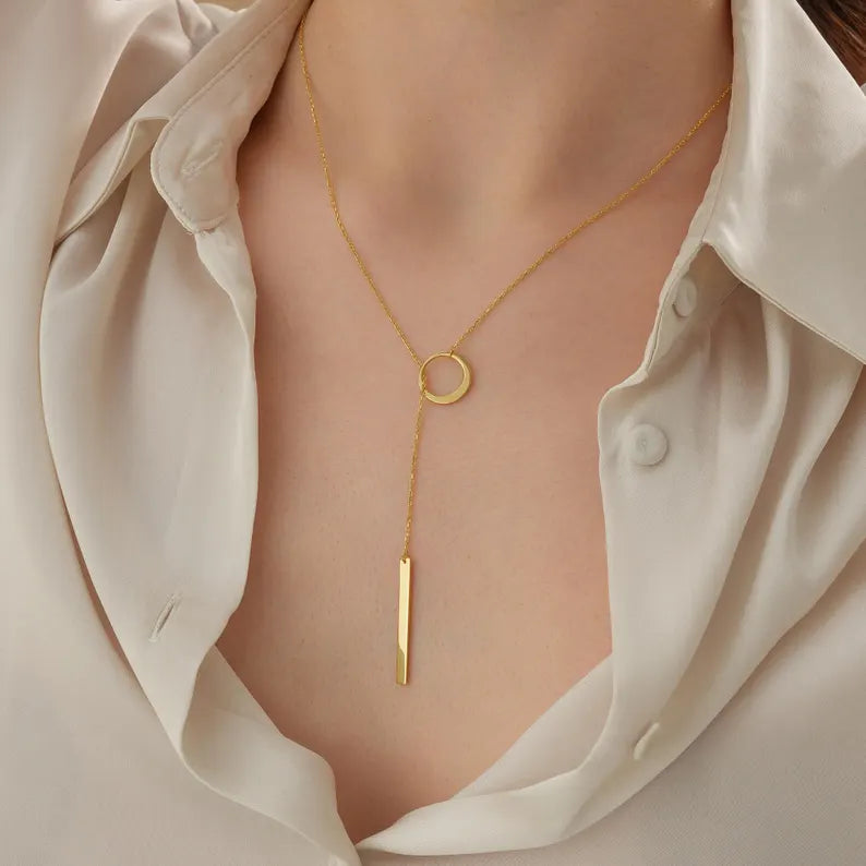 Circle and Bar Lariat Necklace in Gold, Dainty Y Necklace for Women, Modern Drop Bar Pendant, Chic Jewelry Gift for Her, Elegant Lariat Gift