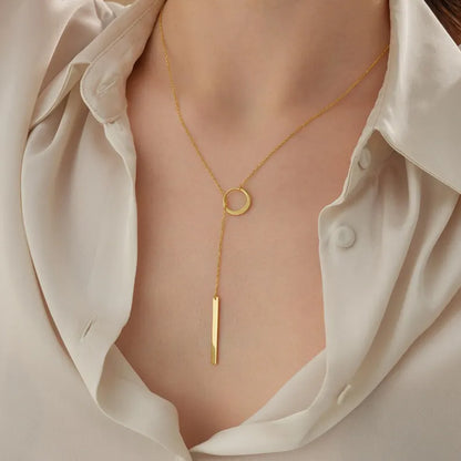 Circle and Bar Lariat Necklace in Gold, Dainty Y Necklace for Women, Modern Drop Bar Pendant, Chic Jewelry Gift for Her, Elegant Lariat Gift
