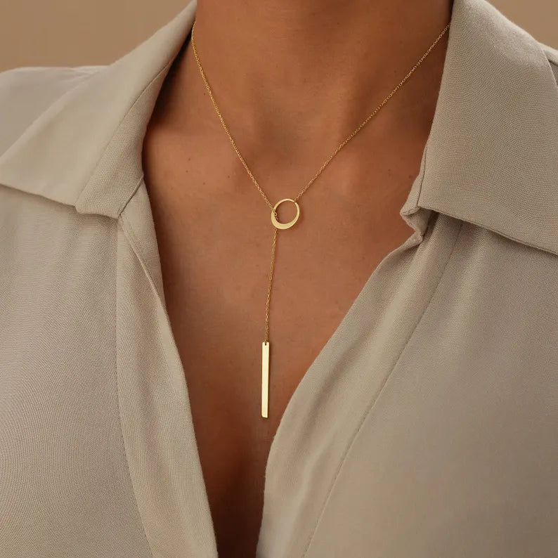 Circle and Bar Lariat Necklace in Gold, Dainty Y Necklace for Women, Modern Drop Bar Pendant, Chic Jewelry Gift for Her, Elegant Lariat Gift