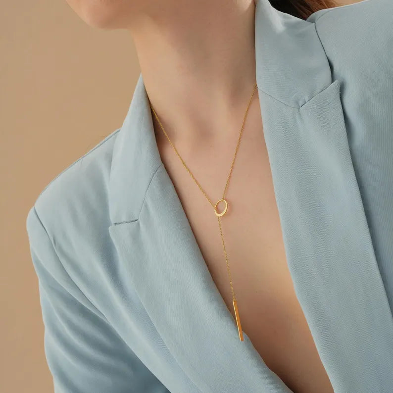 Circle and Bar Lariat Necklace in Gold, Dainty Y Necklace for Women, Modern Drop Bar Pendant, Chic Jewelry Gift for Her, Elegant Lariat Gift