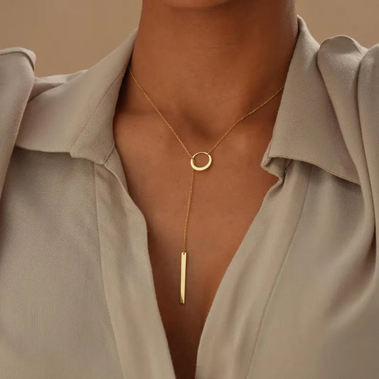 Circle and Bar Lariat Necklace in Gold, Dainty Y Necklace for Women, Modern Drop Bar Pendant, Chic Jewelry Gift for Her, Elegant Lariat Gift